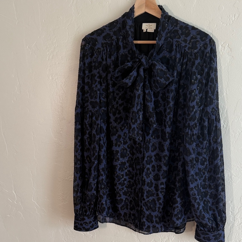 Kate Spade Navy Leopard Print Silk Blouse with Bow Neck